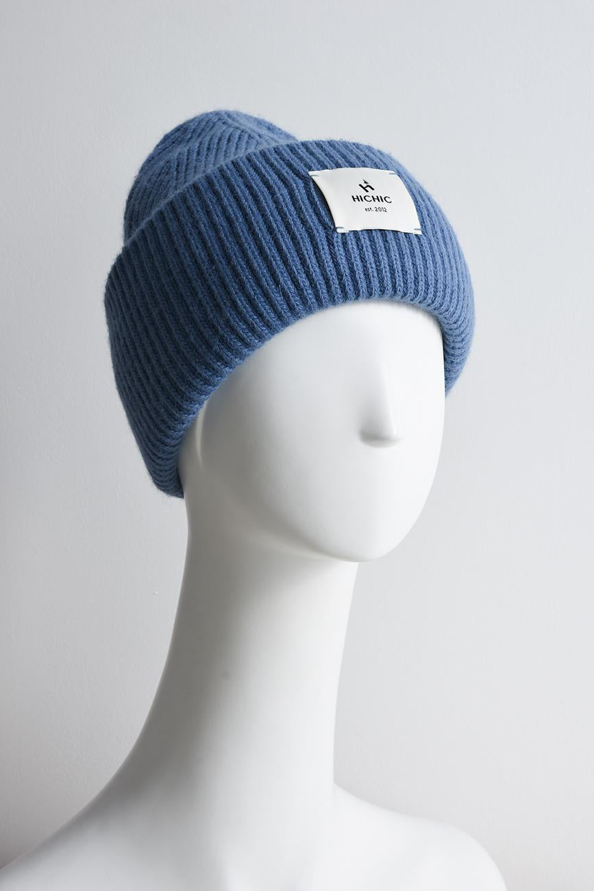 MODRÁ KAŠMÍROVÁ BEANIE ČEPICE HICHIC LuxeKnit
