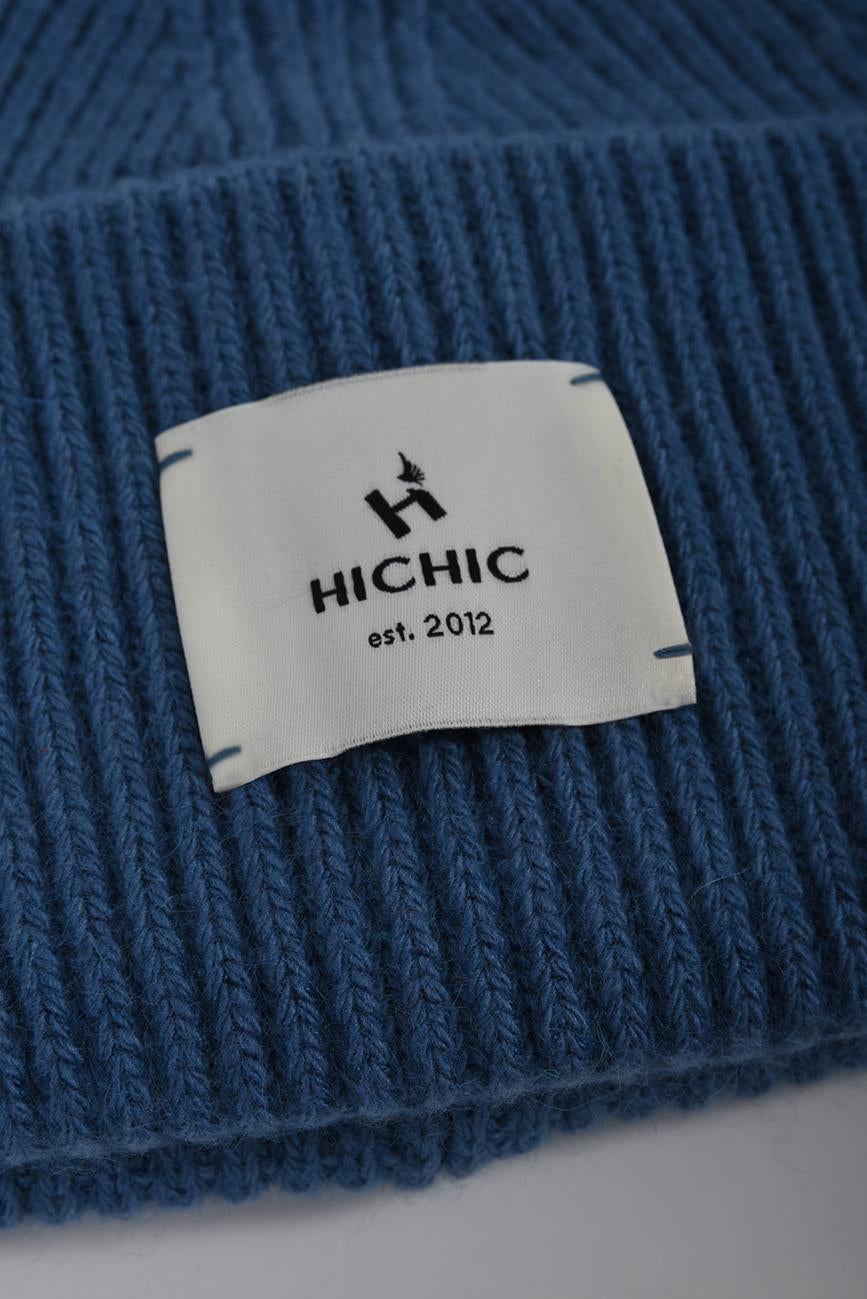 MODRÁ KAŠMÍROVÁ BEANIE ČEPICE HICHIC LuxeKnit