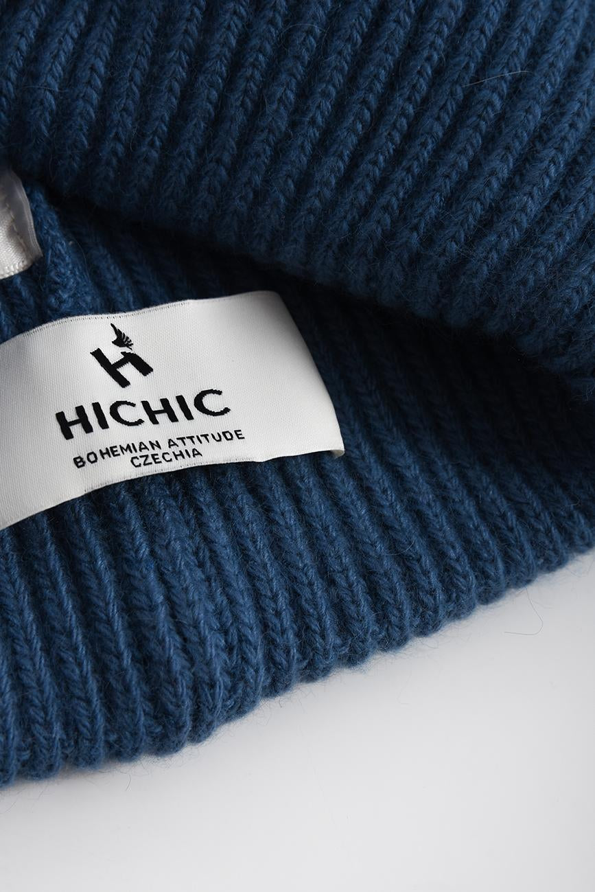 MODRÁ KAŠMÍROVÁ BEANIE ČEPICE HICHIC LuxeKnit