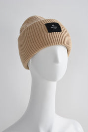 BEIGE BEANIE WHITE LOGO HICHIC LuxeKnit