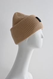 BEIGE BEANIE WHITE LOGO HICHIC LuxeKnit