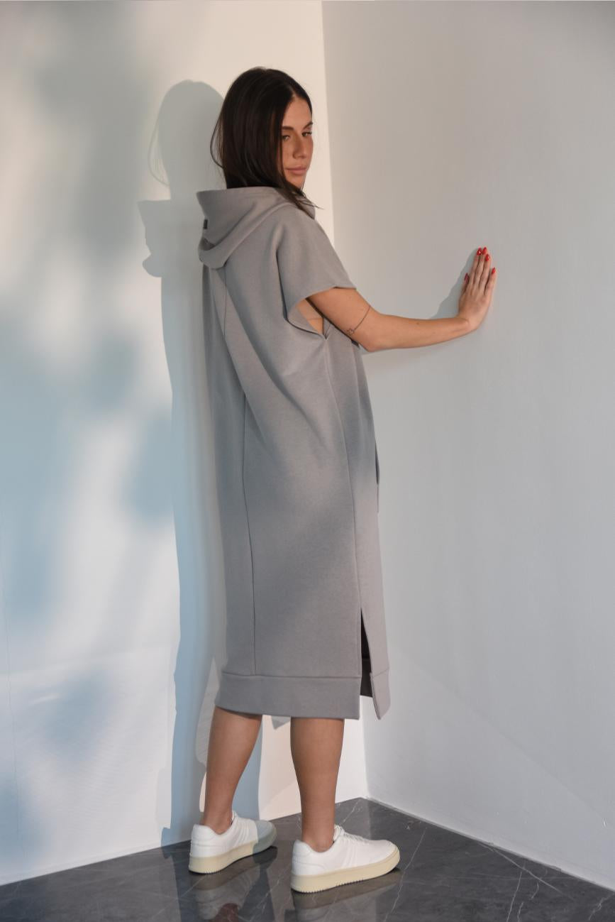 GREY LONG HOODED SWEATSHIRT DRESS HICHIC Kylie long