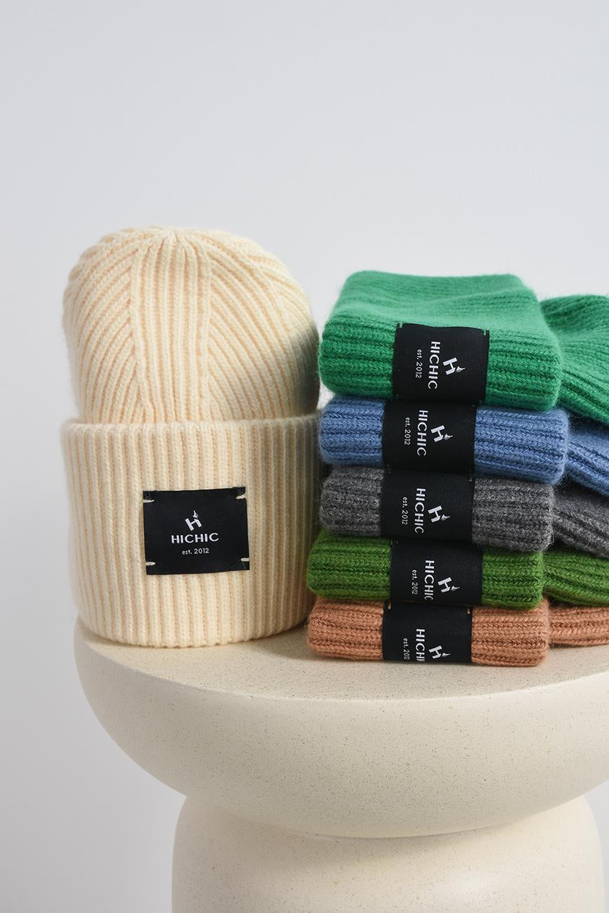 CASHMERE CHUNKY BEANIE CREAM HICHIC LuxeKnit