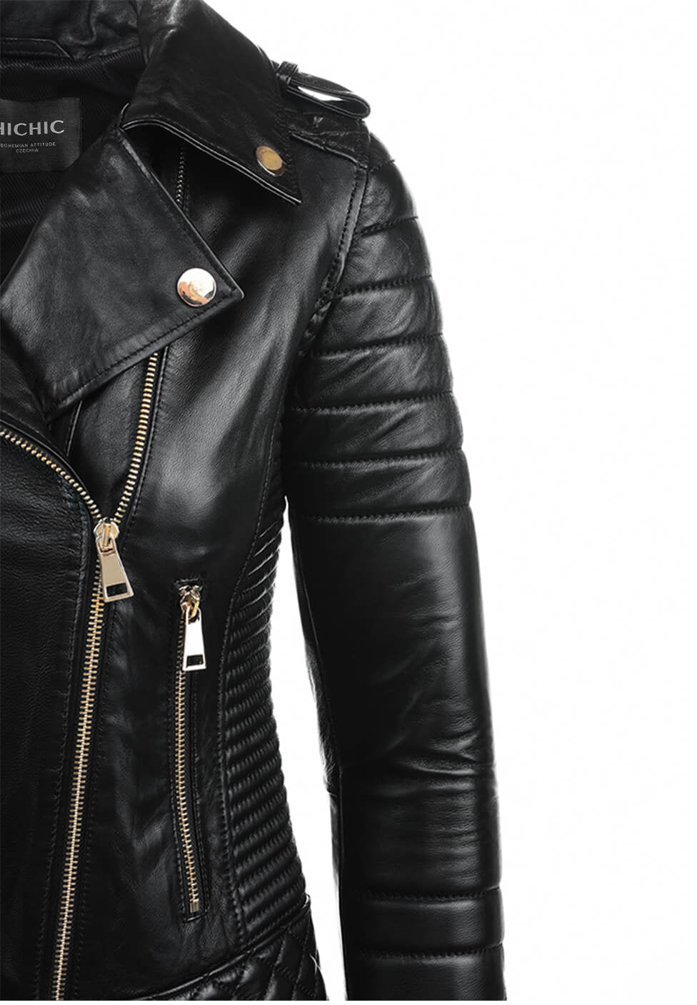 BLACK LEATHER JACKET WITH GOLD ZIPPERS HICHIC Nancy 2.0 