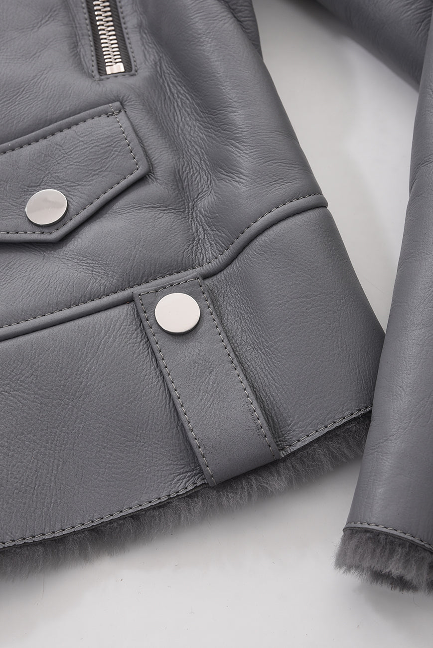 ŠEDÁ ZIMNÍ KOŽENÁ BUNDA HICHIC Gaia shearling