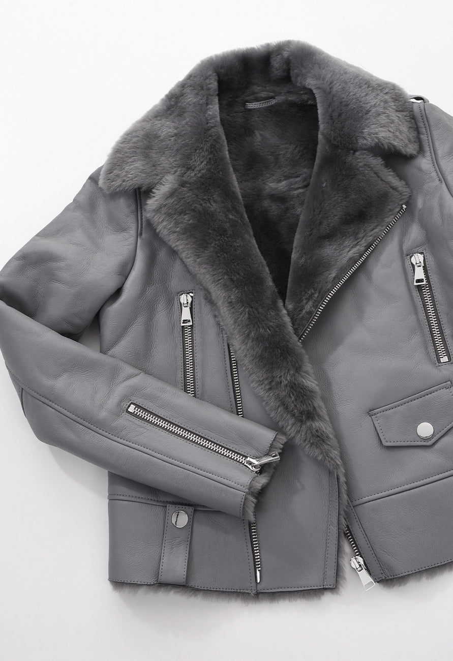 ŠEDÁ ZIMNÍ KOŽENÁ BUNDA HICHIC Gaia shearling
